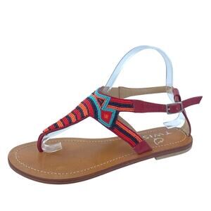 Twist Multicolor Striped Beaded T-Strap Slingback Buckle Flats Sandals Size 8.5